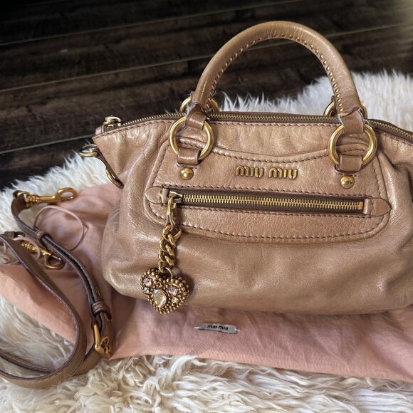 Vintage Miu Miu Distressed Leather Handbag with Swarovski Crystal Charm - Rare R - Picture 7 of 10